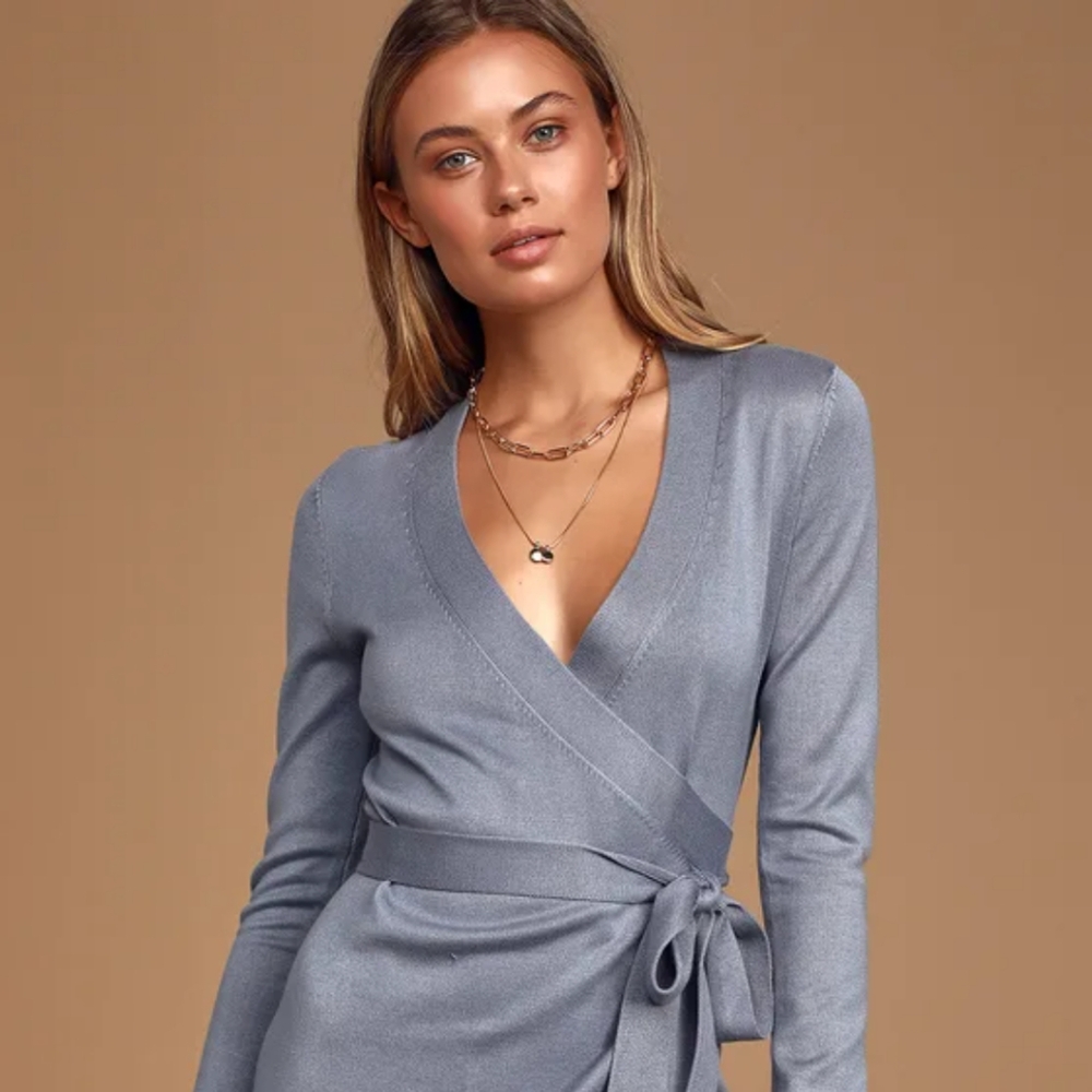 Lulu's Slate Blue Literary Lovers wrap dress (size S)